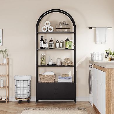 4-Tier Arched Bookshelf, Black Arched Bookcase with Doors Storage, Industrial Book Shelf
