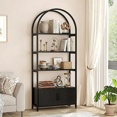 4-Tier Arched Bookshelf, Black Arched Bookcase with Doors Storage, Industrial Book Shelf