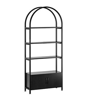 4 tier Arched Bookshelf, Black Arched Bookcase with Doors Storage, Industrial Book Shelf