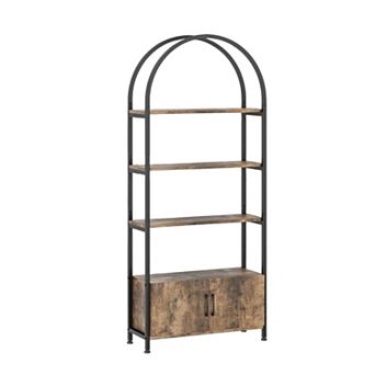 4 tier Arched Bookshelf, Black Arched Bookcase with Doors Storage, Industrial Book Shelf