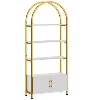 4 tier Arched Bookshelf, Black Arched Bookcase with Doors Storage, Industrial Book Shelf