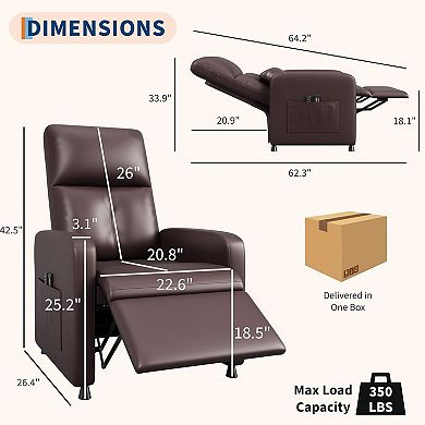 Power Recliner Chair with Massage - Compact Electric PU Leather Recliner with USB Port