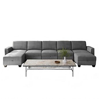 U-Shaped Sectional Sofa with Ottoman and Storage - Oversized Corduroy Deep Seat Couch