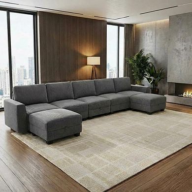 U-Shaped Sectional Sofa with Ottoman and Storage - Oversized Corduroy Deep Seat Couch