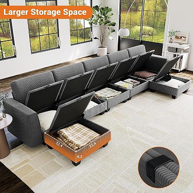 U-Shaped Sectional Sofa with Ottoman and Storage - Oversized Corduroy Deep Seat Couch