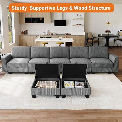 U-Shaped Sectional Sofa with Ottoman and Storage - Oversized Corduroy Deep Seat Couch