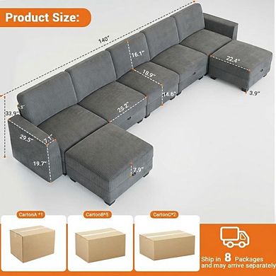 U-Shaped Sectional Sofa with Ottoman and Storage - Oversized Corduroy Deep Seat Couch