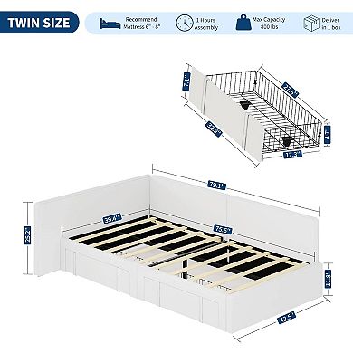 Twin Daybed with Storage Drawers - Velvet Upholstered Sofa Bed with Headboard and Guardrail