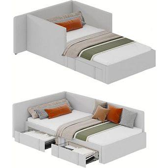 Twin Daybed with Storage Drawers - Velvet Upholstered Sofa Bed with Headboard and Guardrail