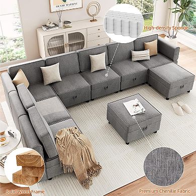 Reversible Modular Sectional Sofa with Chaise and Storage - U-Shape Sleeper Couch with Ottomans