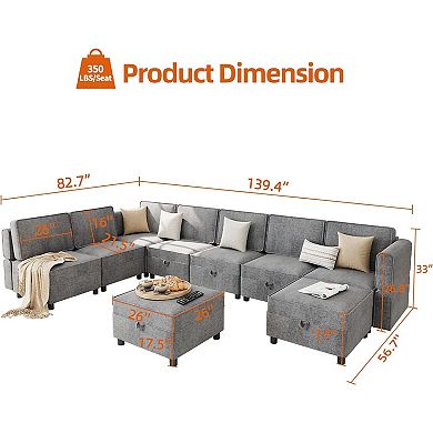 Reversible Modular Sectional Sofa with Chaise and Storage - U-Shape Sleeper Couch with Ottomans