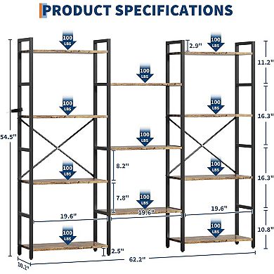 4-Tier Industrial Bookshelf, Rustic Bookcase with 11 Adjustable Shelves, Storage & Display Unit