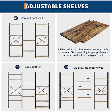 4-Tier Industrial Bookshelf, Rustic Bookcase with 11 Adjustable Shelves, Storage & Display Unit