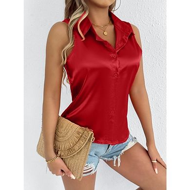 Women's Sleeveless Tops Button Down Shirts Blouses Casual Loose V Neck Solid Color Tank Top