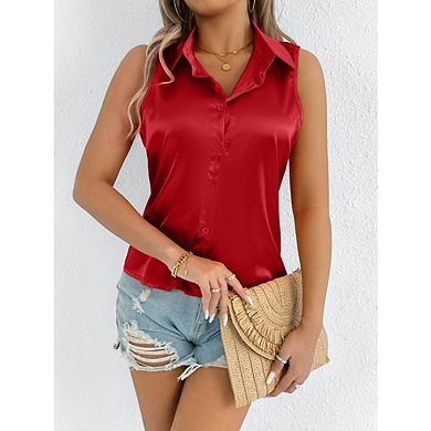Women's Sleeveless Tops Button Down Shirts Blouses Casual Loose V Neck Solid Color Tank Top