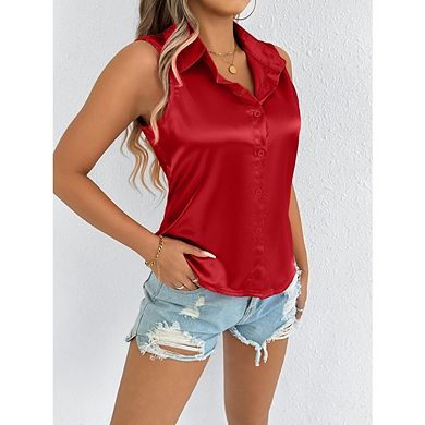 Women's Sleeveless Tops Button Down Shirts Blouses Casual Loose V Neck Solid Color Tank Top