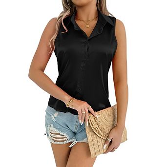 Women's Sleeveless Tops Button Down Shirts Blouses Casual Loose V Neck Solid Color Tank Top