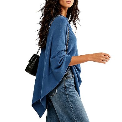 Knit Poncho with Asymmetrical Hem Lightweight Boat Neck Cape for Casual Layering Office Style
