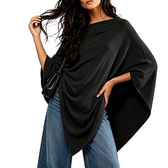 Knit Poncho with Asymmetrical Hem Lightweight Boat Neck Cape for Casual Layering Office Style