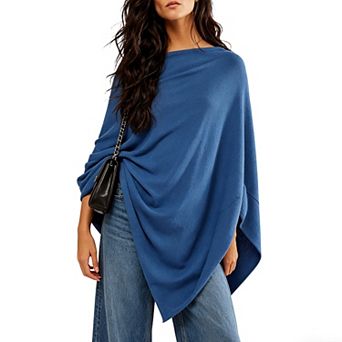 Knit Poncho with Asymmetrical Hem Lightweight Boat Neck Cape for Casual Layering Office Style
