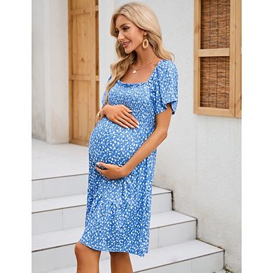 Women's Maternity Square Neck Short Sleeve Smocked Boho Ruffle Casual Sundress