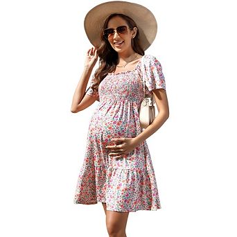 Women's Maternity Square Neck Short Sleeve Smocked Boho Ruffle Casual Sundress
