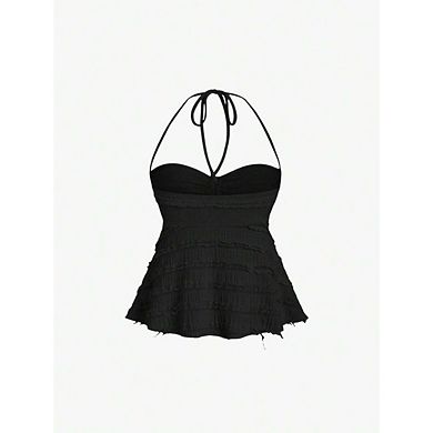 Women's Peplum Halter Crop Tops Drawstring Tie Ruched Solid Dressy Casual Spaghetti Strap Cami Top