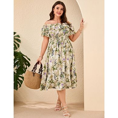 Women's Plus Size Off The Shoulde Puff Sleeves Ruffle Floral Cocktail Party Sundress