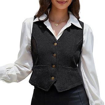 Women's Vintage V Neck Button Front Waistcoat Sleeveless Back Adjustment Vest