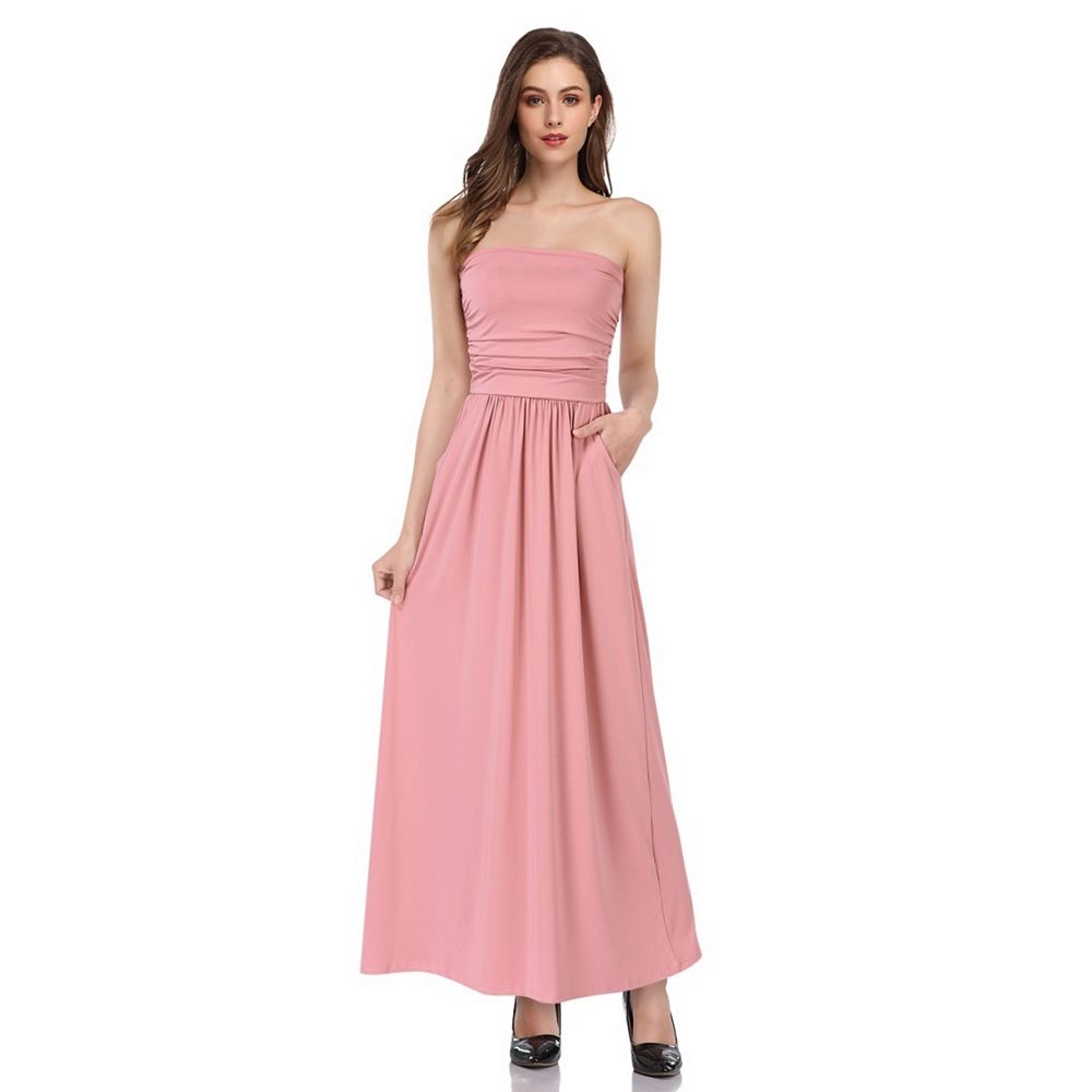 strapless long dresses for summer Boho Pink: Casual White Strapless Maxi Dress for Women