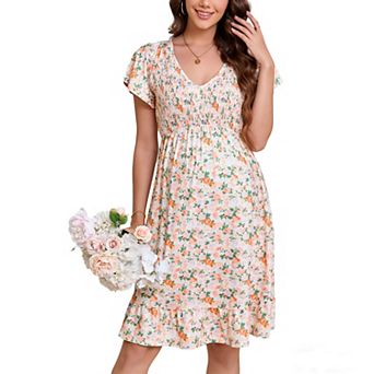 Women Floral Smocked Flutter Short Sleeve Ruffle Boho Mini Dress Summer V Neck Casual Sun Long Dress