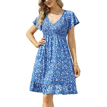 Women Floral Smocked Flutter Short Sleeve Ruffle Boho Mini Dress Summer V Neck Casual Sun Long Dress