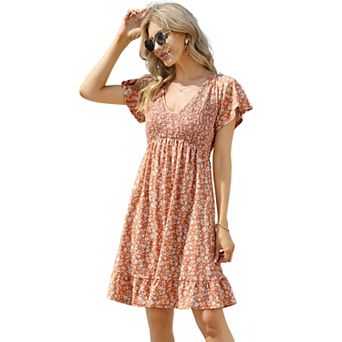 Women Floral Smocked Flutter Short Sleeve Ruffle Boho Mini Dress Summer V Neck Casual Sun Long Dress