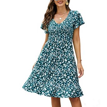 Women Floral Smocked Flutter Short Sleeve Ruffle Boho Mini Dress Summer V Neck Casual Sun Long Dress