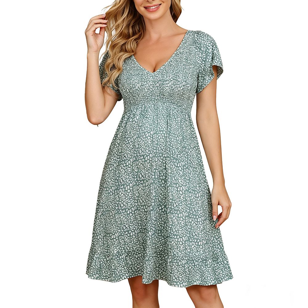 Women Floral Smocked Flutter Short Sleeve Ruffle Boho Mini Dress Summer ...