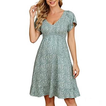 Women Floral Smocked Flutter Short Sleeve Ruffle Boho Mini Dress Summer V Neck Casual Sun Long Dress