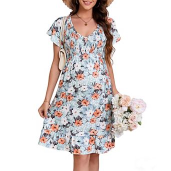Women Floral Smocked Flutter Short Sleeve Ruffle Boho Mini Dress Summer V Neck Casual Sun Long Dress