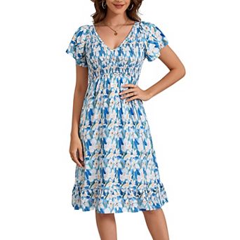 Women Floral Smocked Flutter Short Sleeve Ruffle Boho Mini Dress Summer V Neck Casual Sun Long Dress