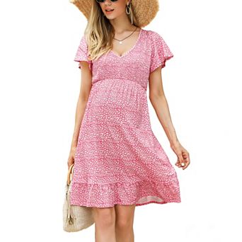Women Floral Smocked Flutter Short Sleeve Ruffle Boho Mini Dress Summer V Neck Casual Sun Long Dress