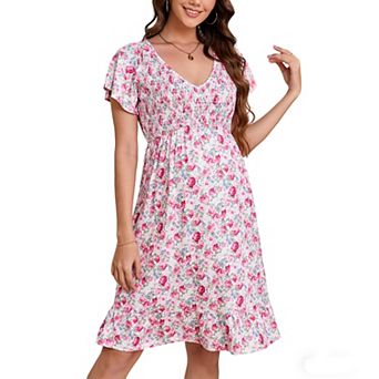 Women Floral Smocked Flutter Short Sleeve Ruffle Boho Mini Dress Summer V Neck Casual Sun Long Dress