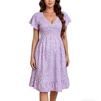 Women Floral Smocked Flutter Short Sleeve Ruffle Boho Mini Dress Summer V Neck Casual Sun Long Dress