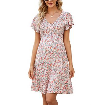 Women Floral Smocked Flutter Short Sleeve Ruffle Boho Mini Dress Summer V Neck Casual Sun Long Dress
