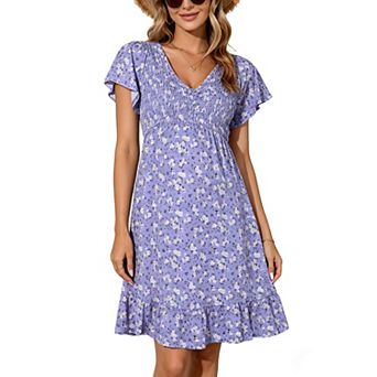 Women Floral Smocked Flutter Short Sleeve Ruffle Boho Mini Dress Summer V Neck Casual Sun Long Dress