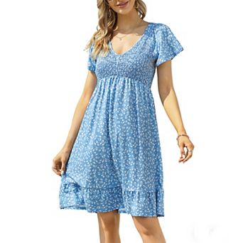 Women Floral Smocked Flutter Short Sleeve Ruffle Boho Mini Dress Summer V Neck Casual Sun Long Dress