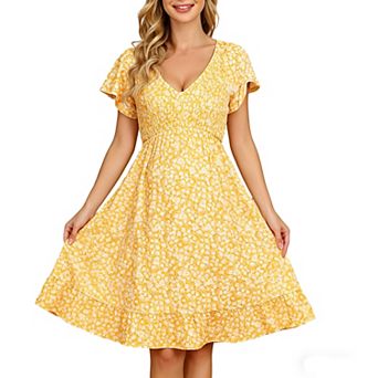 Women Floral Smocked Flutter Short Sleeve Ruffle Boho Mini Dress Summer V Neck Casual Sun Long Dress