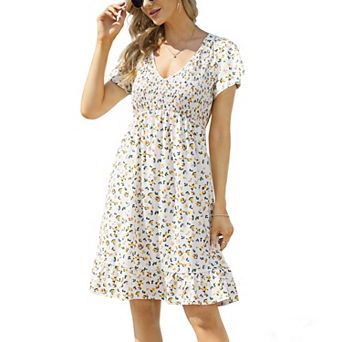 Women Floral Smocked Flutter Short Sleeve Ruffle Boho Mini Dress Summer V Neck Casual Sun Long Dress