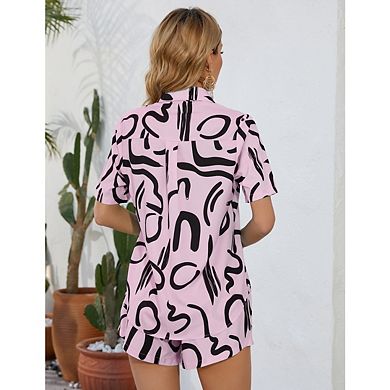 Women's 2 Piece Loose Fitting Casual Sets Short Sleeve Top Shorts Print Sets