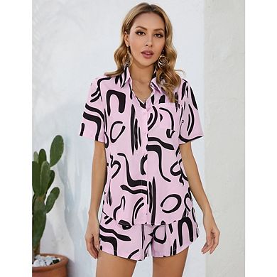 Women's 2 Piece Loose Fitting Casual Sets Short Sleeve Top Shorts Print Sets