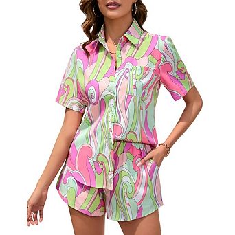 Women's 2 pc Loose Fitting Casual Sets Short Sleeve Top Shorts Print Sets