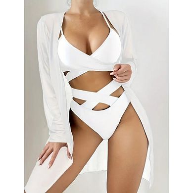Women's Criss Cross Hollow Out Bikini Sets with Cover Up Deep V High Wasit Bathing Suit